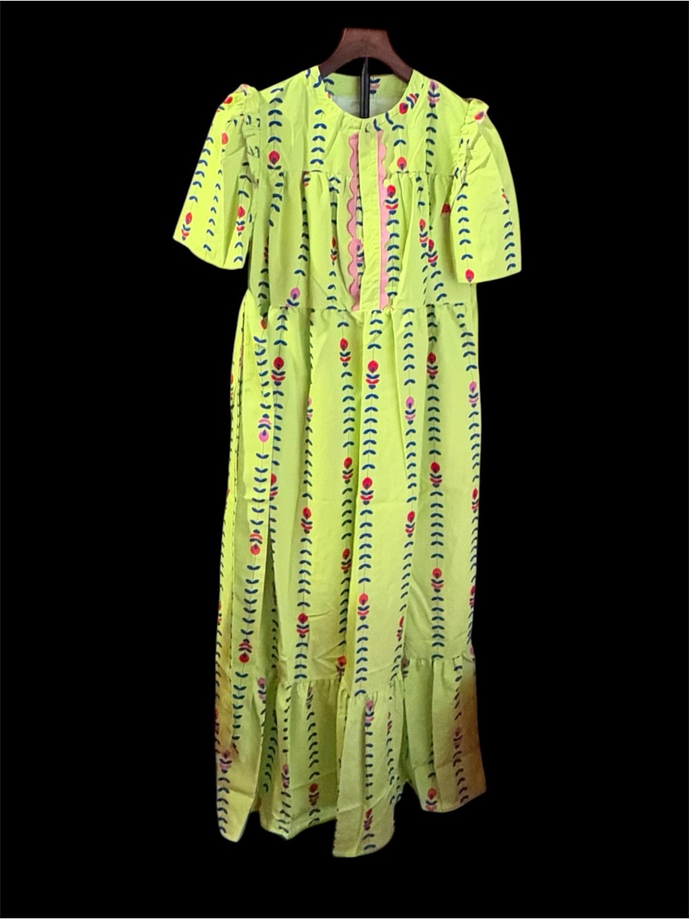 SHEIN Lime Green Floral Midi Dress with Pink Trim